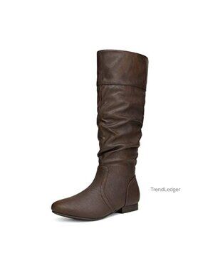 Knee High Pull On Ruched Faux Leather Faux Fur Lined Winter Boot Flat Heel